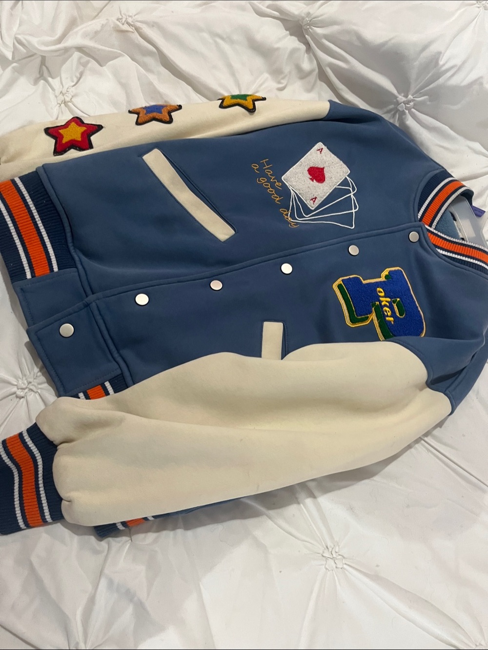 Blue and Cream Embroidered Varsity Jacket